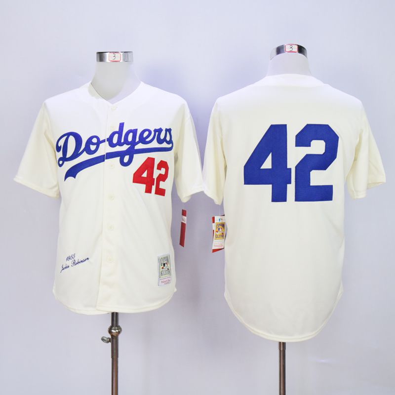 Men Los Angeles Dodgers #42 Robinson Cream Throwback 1955 MLB Jerseys
